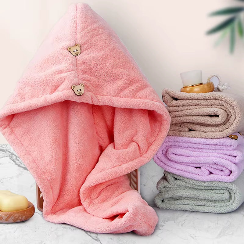 Care Cap with Button Microfiber Hair Towel Super Absorbent Hair Towel Wrap Fast Drying Hair Wraps Women Bathroom Accessories