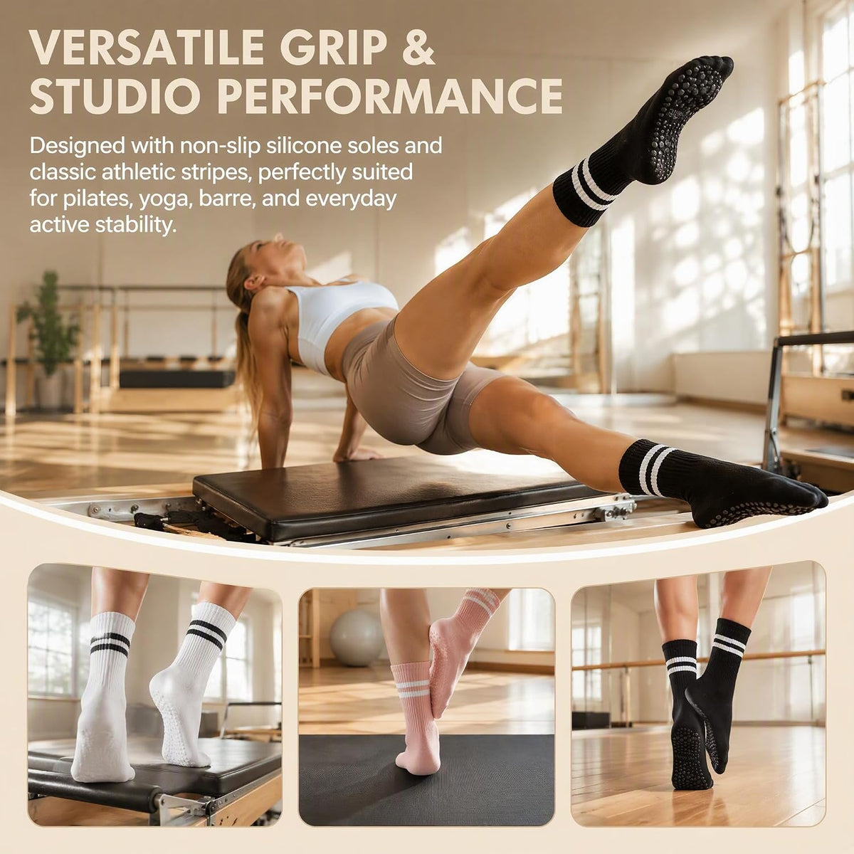 Pilates Socks with Grips for Women:Cute Non Slip Crew Gripper Yoga Sock-Grippy Sticky for Hospital/Dance Barre/Workout