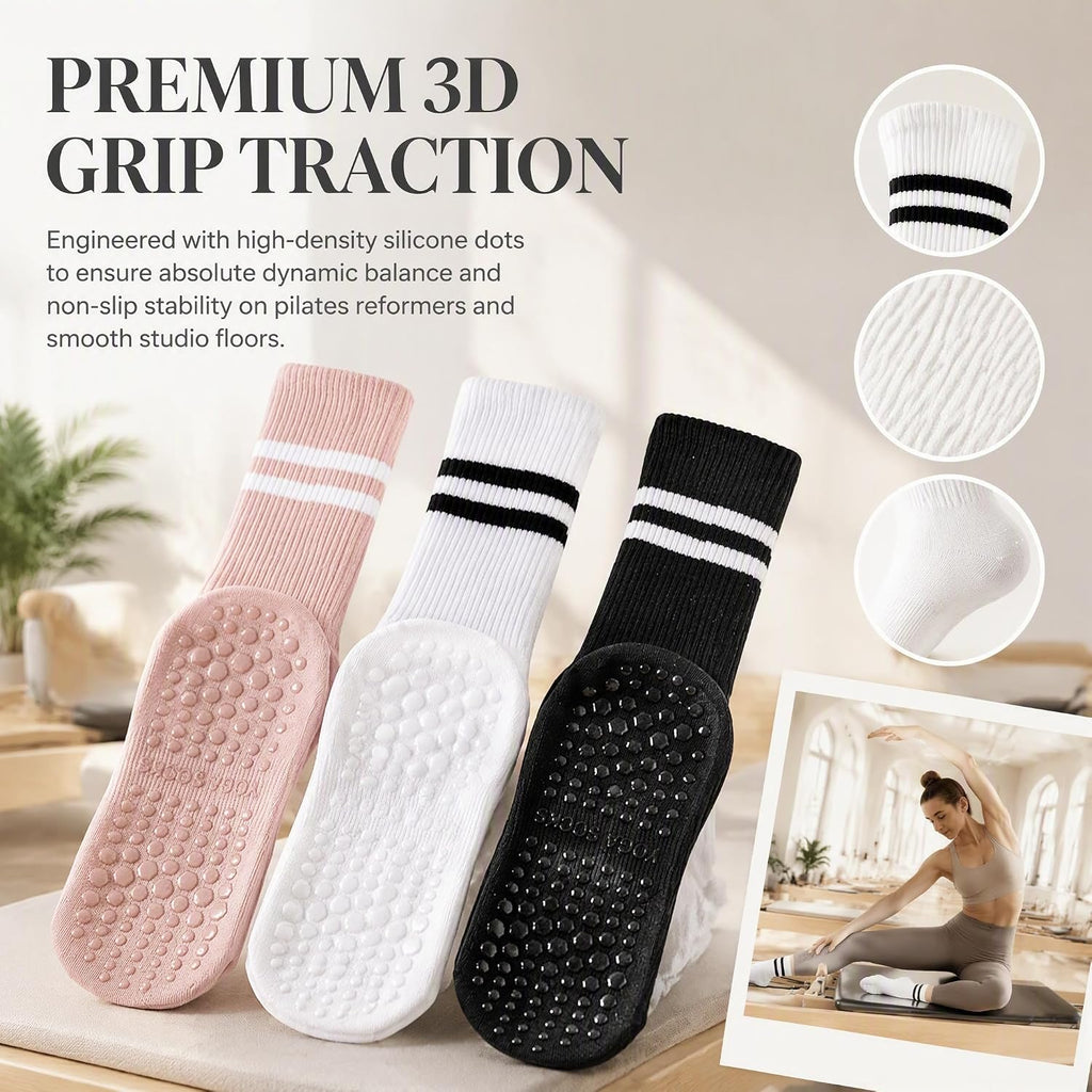 Pilates Socks with Grips for Women:Cute Non Slip Crew Gripper Yoga Sock-Grippy Sticky for Hospital/Dance Barre/Workout