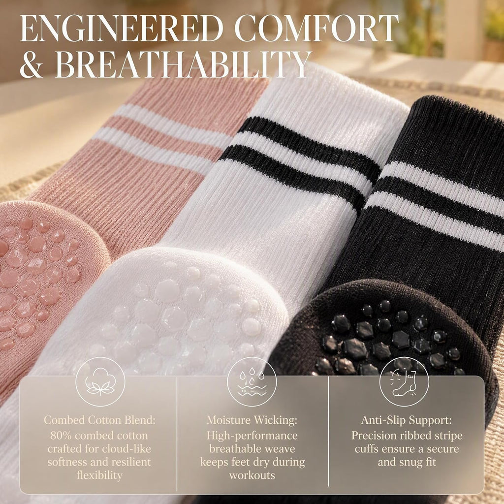 Pilates Socks with Grips for Women:Cute Non Slip Crew Gripper Yoga Sock-Grippy Sticky for Hospital/Dance Barre/Workout