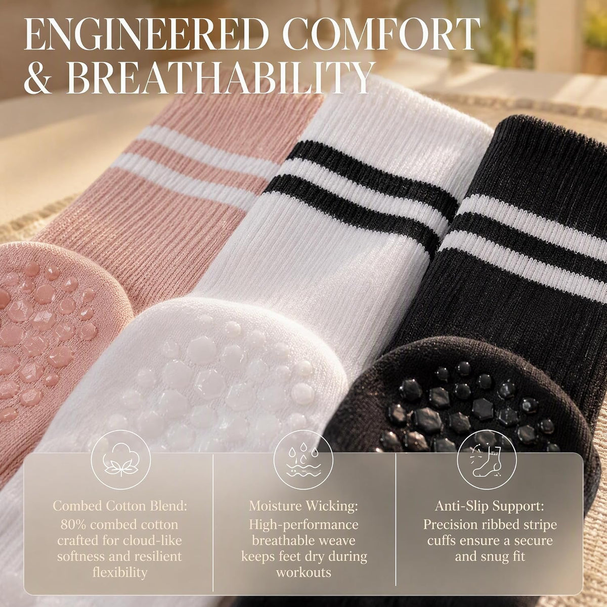 Pilates Socks with Grips for Women:Cute Non Slip Crew Gripper Yoga Sock-Grippy Sticky for Hospital/Dance Barre/Workout
