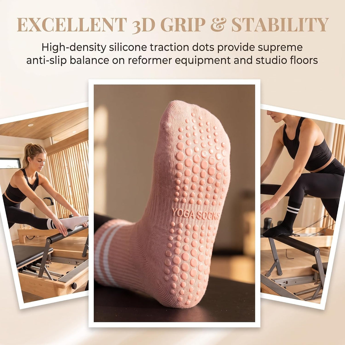 Pilates Socks with Grips for Women:Cute Non Slip Crew Gripper Yoga Sock-Grippy Sticky for Hospital/Dance Barre/Workout