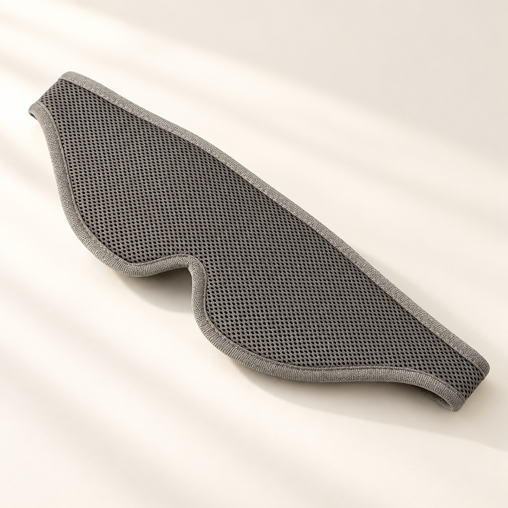 Adjustable 3D Blackout Sleep Mask on a warm ivory studio background