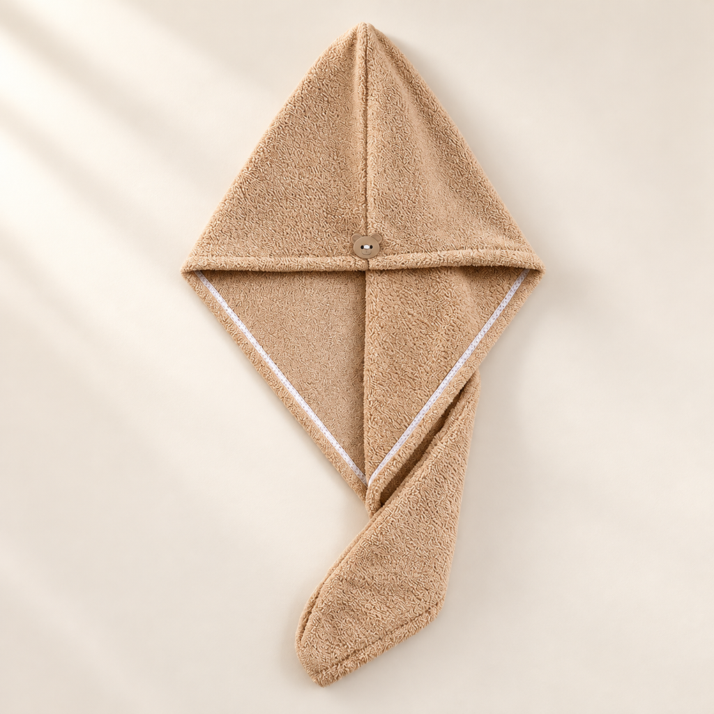Microfiber Hair Towel Wrap with Button Closure on a warm ivory studio background