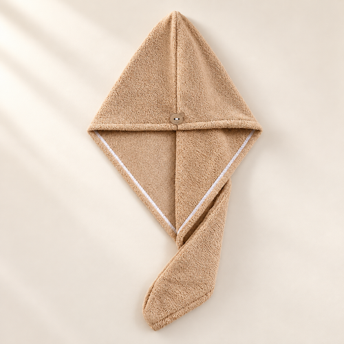 Microfiber Hair Towel Wrap with Button Closure on a warm ivory studio background